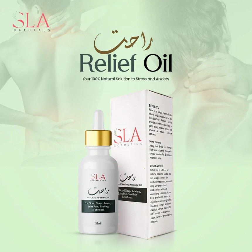 Rahat Relief Oil by SLA Naturals - herbal massage oil product shot