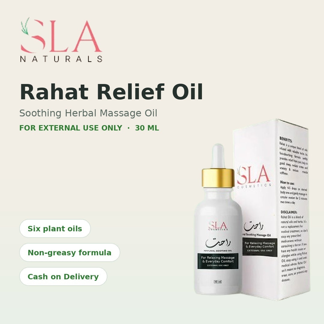 Rahat Relief Oil 30ml soothing herbal massage oil bottle and carton by SLA Naturals