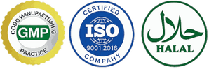 GMP, ISO 9001 and Halal certification badges
