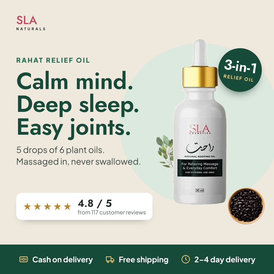 Rahat Relief Oil — calm mind, deep sleep, easy joints. 3-in-1 relief oil rated 4.8 out of 5